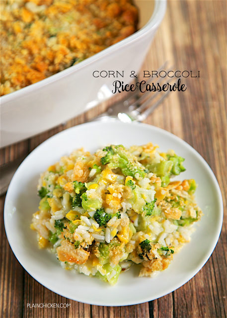 Corn and Broccoli Rice Casserole - so simple and SO delicious! Everyone cleaned their plates - even our picky broccoli haters! Cooked rice, creamed corn, broccoli, onion and garlic topped with butter and crushed Ritz crackers. You might want to double the recipe for this quick side dish - this didn't last long in our house!
